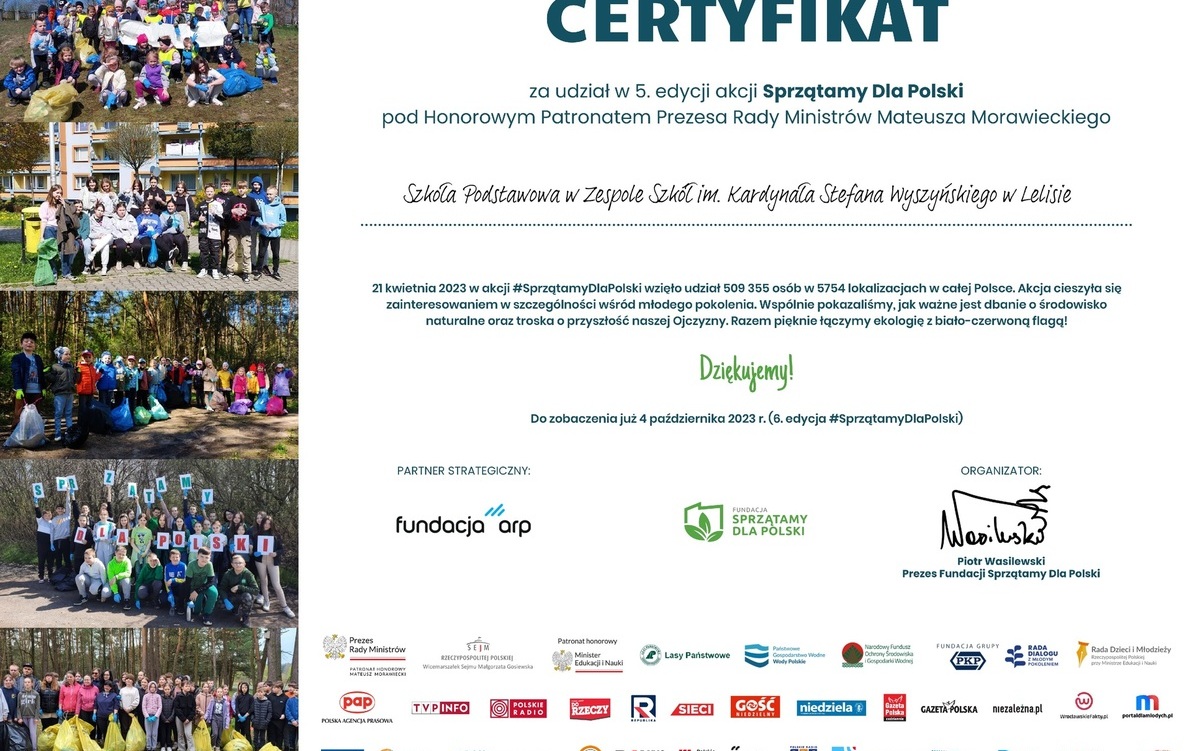Zdjęcie do Certyfikat za udział w 5. edycji akcji "Sprzątamy dla Polski"