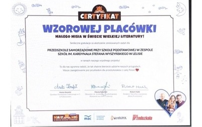 Zdjęcie do Certyfikat wzorowej plac&oacute;wki Małego Misia w świecie wielkiej literatury