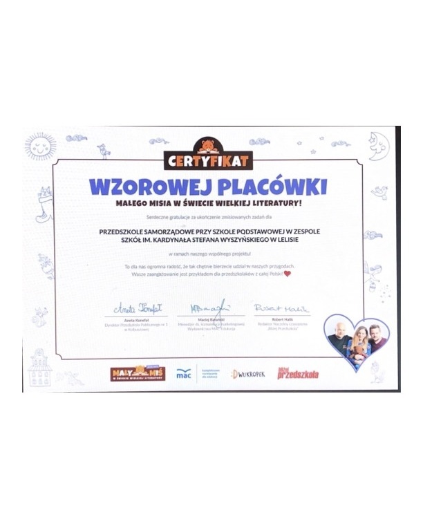 Zdjęcie do Certyfikat wzorowej plac&oacute;wki Małego Misia w świecie wielkiej literatury